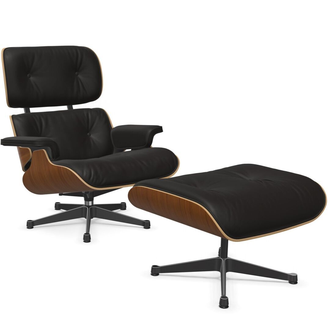 Vitra Lounge Chair & Ottoman / neues Furnier / Leder / Filzgleiter für harte Boden Nussbaum natur lackiert 31, Chocolate 68 - Leder Natural F, Aluminium poliert 03 / Tiefschwarz 12 pulverbeschichtet (glatt), Neue Masse
