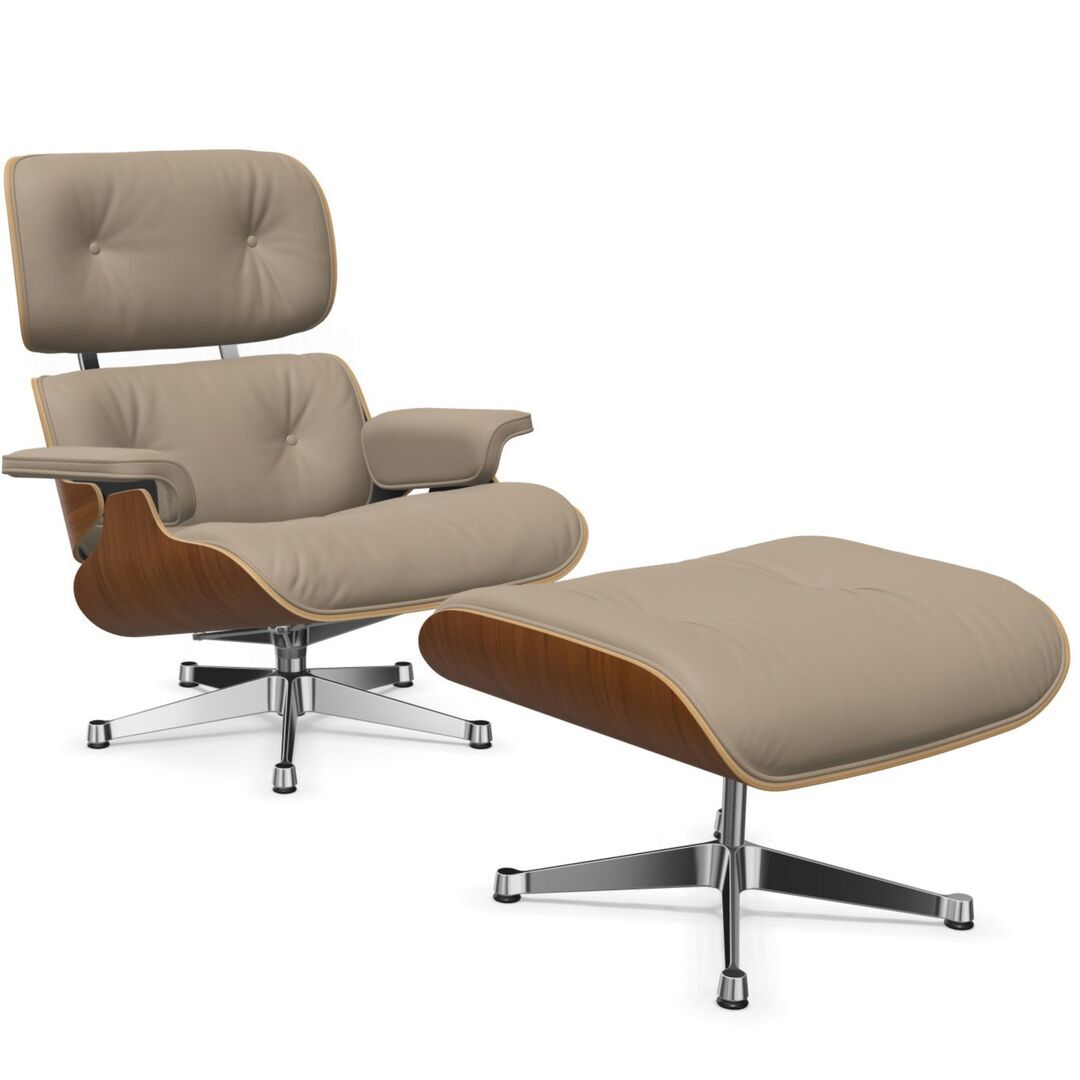 Vitra Lounge Chair & Ottoman / neues Furnier / Leder / Filzgleiter für harte Boden Nussbaum natur lackiert 31, Dark Sand 78 - Leder Natural F, Aluminium poliert 03, Neue Masse