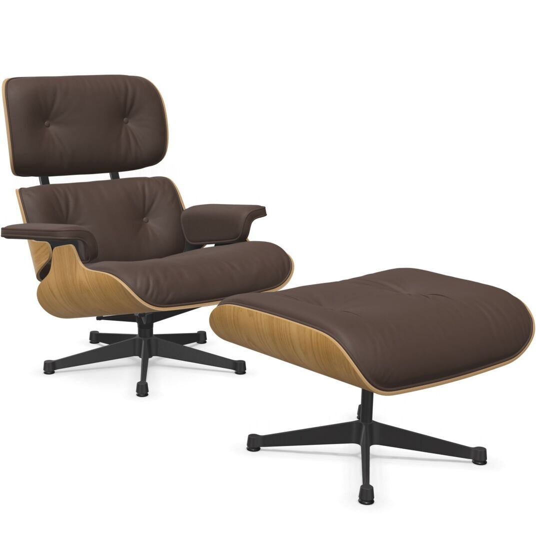 Vitra Lounge Chair & Ottoman / neues Furnier / Leder / Filzgleiter für harte Boden Kastanie natur lackiert 26, Kastanie 69 - Leder Premium F, Tiefschwarz 12 pulverbeschichtet (glatt), Neue Masse