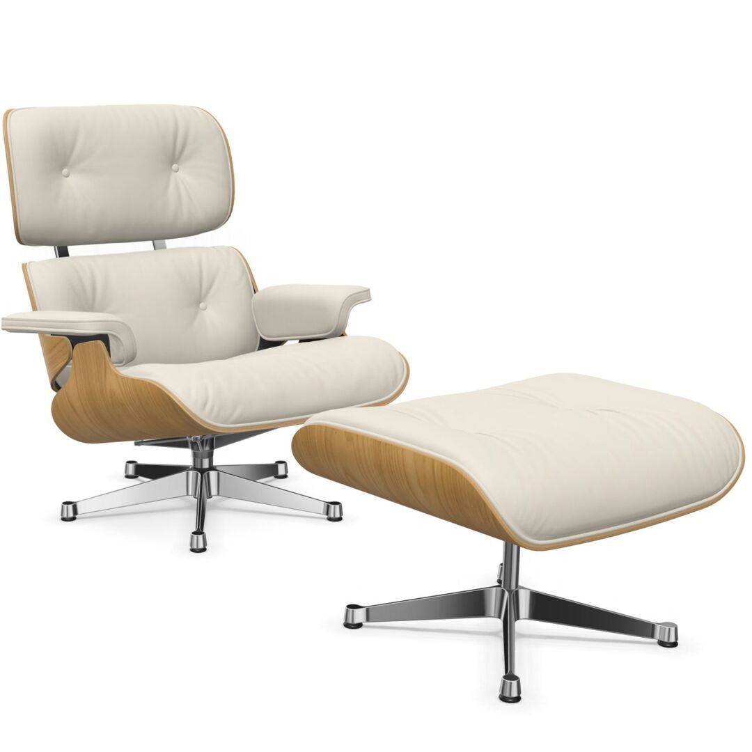 Vitra Lounge Chair & Ottoman / neues Furnier / Leder / Filzgleiter für harte Boden Kastanie natur lackiert 26, Snow 72 - Leder Premium F, Aluminium poliert 03, Neue Masse