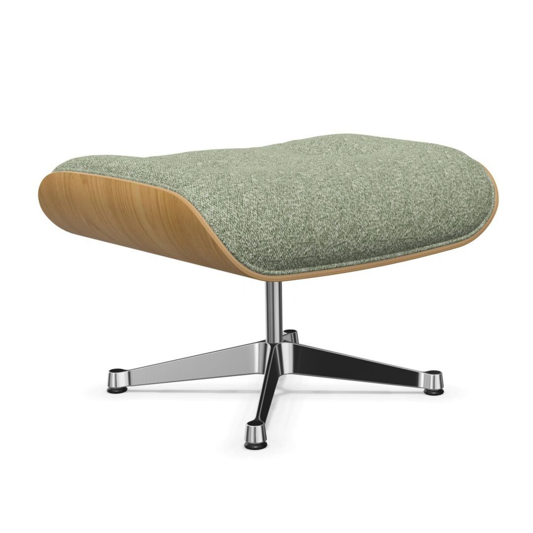 Vitra Lounge Chair Ottoman / neues Furnier / Stoff Kastanie natur lackiert 26, Elfenbein-Forest 09 - Nubia, Aluminium poliert 03