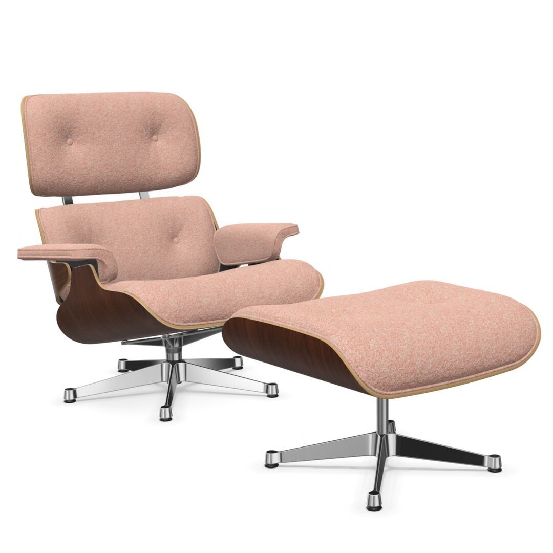Vitra Lounge Chair & Ottoman / neues Furnier / Stoff / Filzgleiter für harte Boden Nussbaum dunkel lackiert 32, Elfenbein-Pfirsich 07 - Nubia, Aluminium poliert 03, Klassische Masse