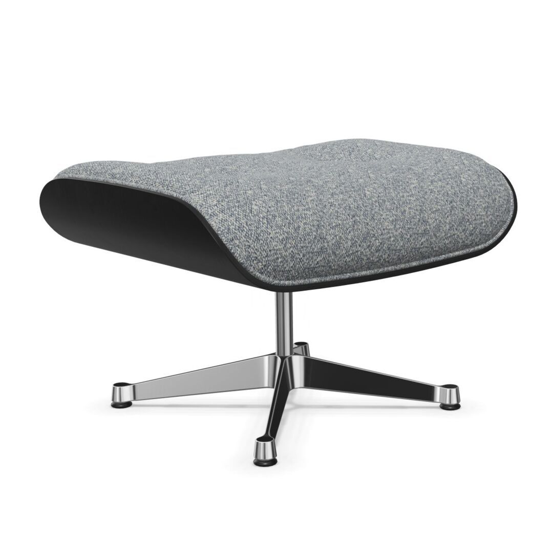 Vitra Lounge Chair Ottoman / neues Furnier / Stoff Kastanie schwarz lackiert 27, Elfenbein-Dunkelblau 08 - Nubia, Aluminium poliert 03