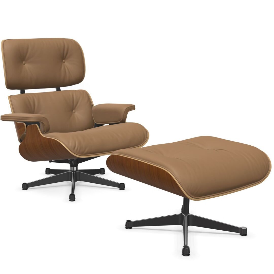 Vitra Lounge Chair & Ottoman / neues Furnier / Leder / Filzgleiter für harte Boden Nussbaum natur lackiert 31, Camel 75 - Leder Premium F, Aluminium poliert 03 / Tiefschwarz 12 pulverbeschichtet (glatt), Klassische Masse