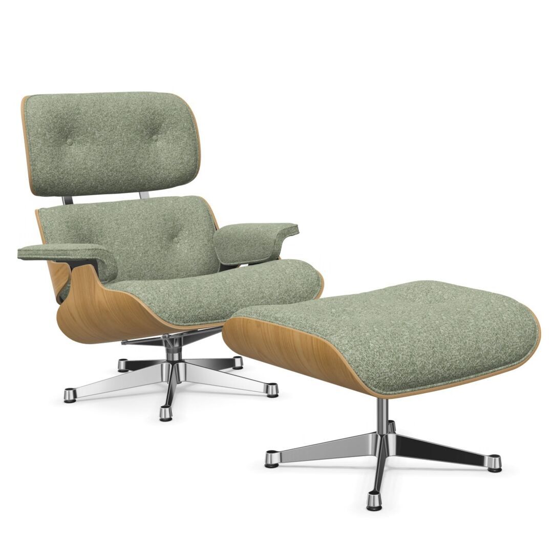 Vitra Lounge Chair & Ottoman / neues Furnier / Stoff / Filzgleiter für harte Boden Kastanie natur lackiert 26, Elfenbein-Forest 09 - Nubia, Aluminium poliert 03, Klassische Masse
