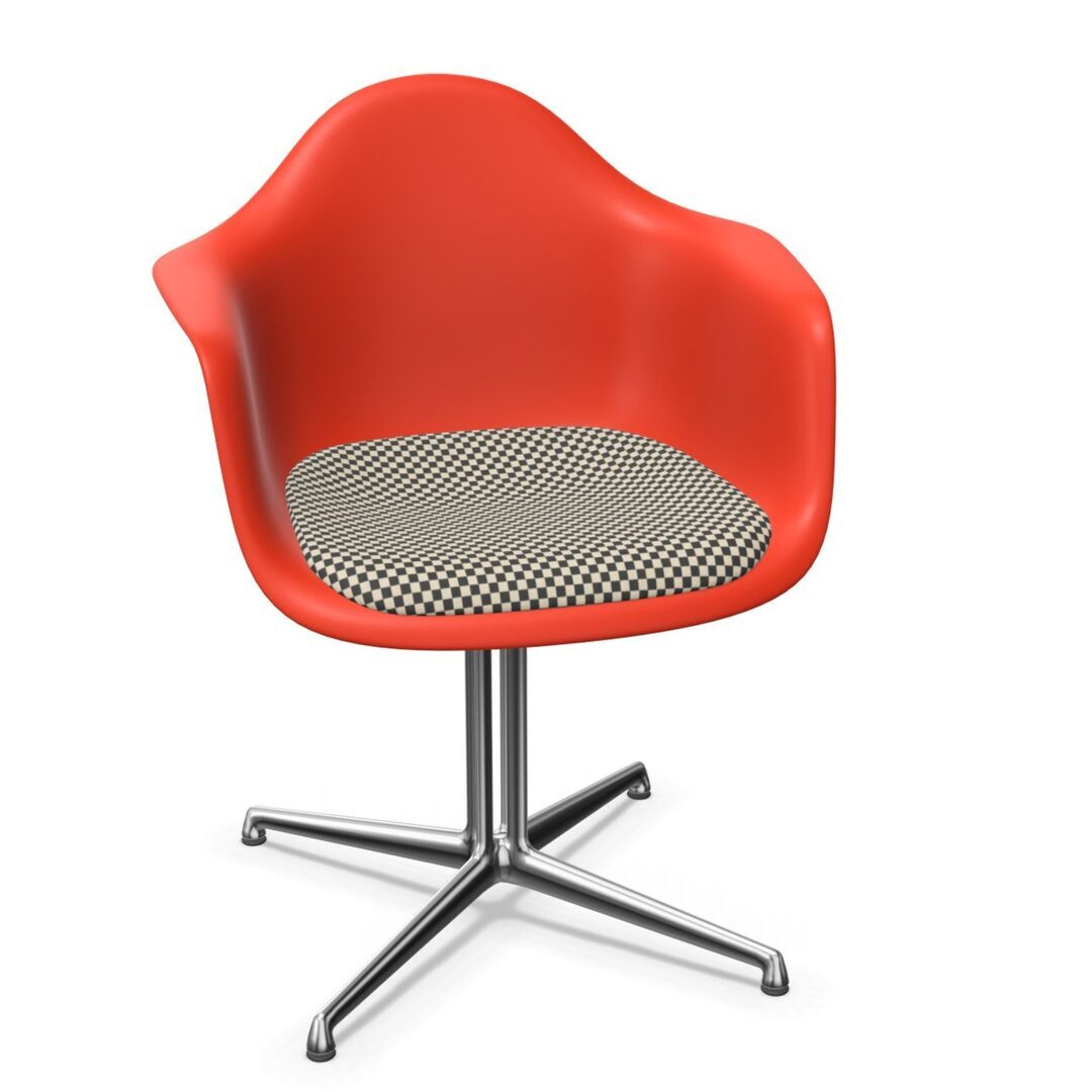 Vitra Eames Plastic Armchair RE DAL mit Sitzpolster von Vitra 03 Poppy Red RE, Black-White 01 - Checker, Aluminium poliert 03, Gleiter basic dark für Teppichboden 04
