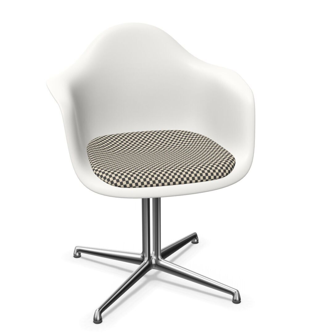 Vitra Eames Plastic Armchair RE DAL mit Sitzpolster von Vitra 04 Weiss, Black-White 01 - Checker, Aluminium poliert 03, Gleiter basic dark für Teppichboden 04