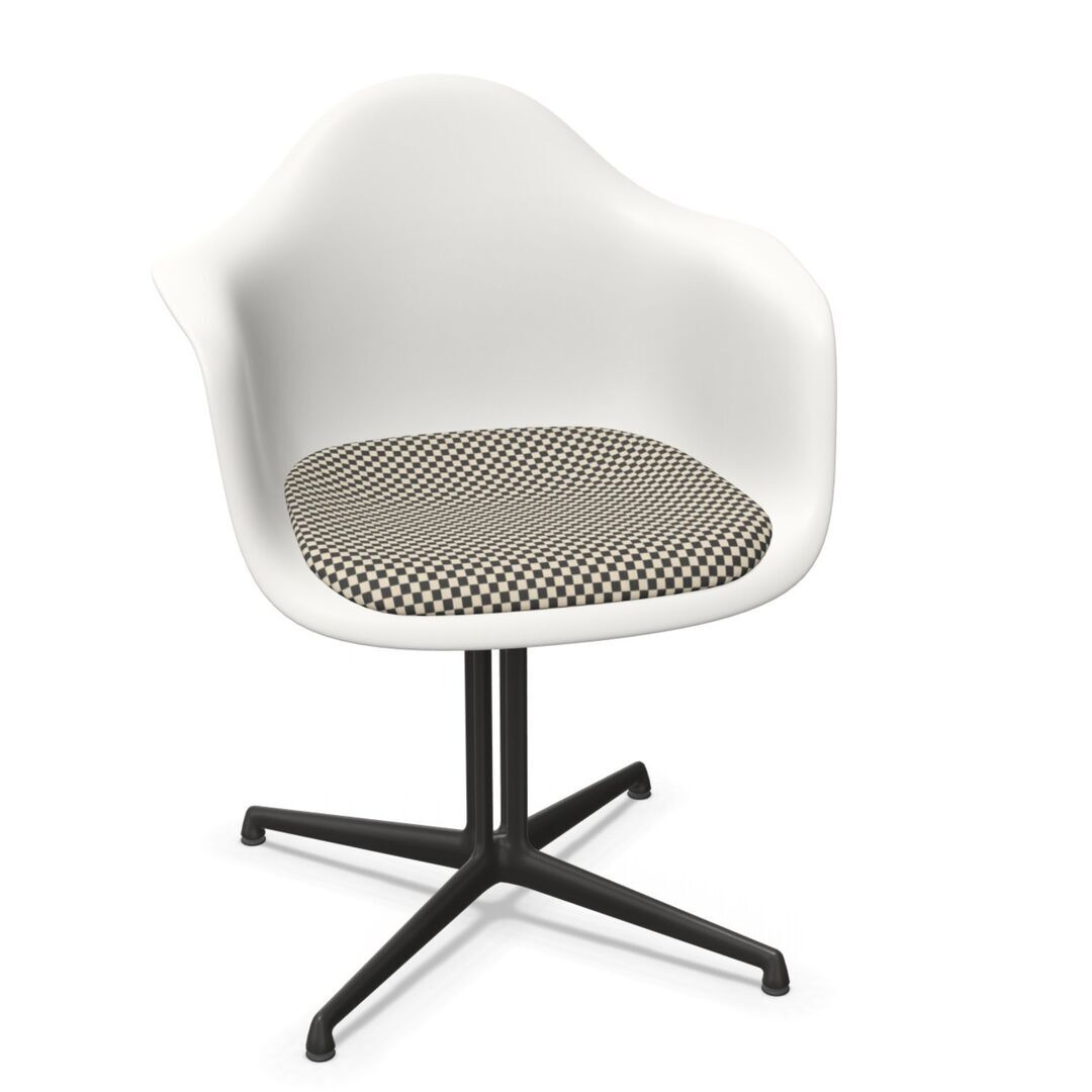 Vitra Eames Plastic Armchair RE DAL mit Sitzpolster von Vitra 04 Weiss, Black-White 01 - Checker, Basic Dark 30 pulverbeschichtet (glatt), Gleiter basic dark für Teppichboden 04