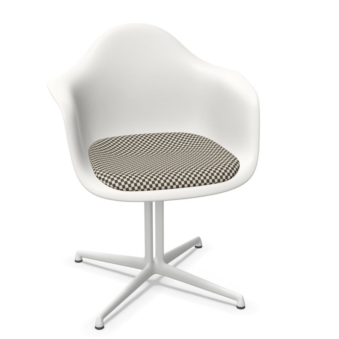 Vitra Eames Plastic Armchair RE DAL mit Sitzpolster von Vitra 04 Weiss, Black-White 01 - Checker, Weiss 04 pulverbeschichtet (glatt), Gleiter basic dark für Teppichboden 04