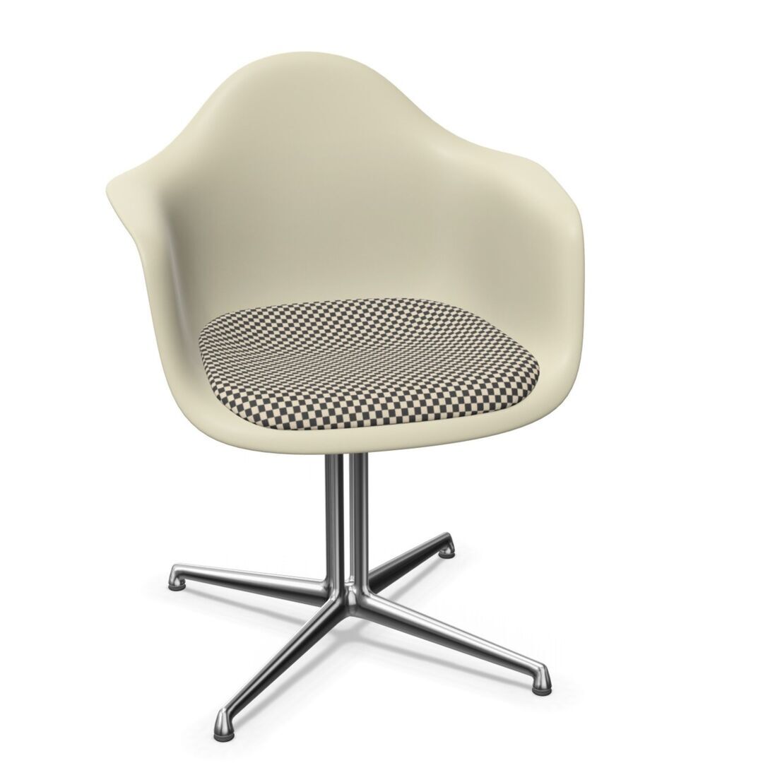 Vitra Eames Plastic Armchair RE DAL mit Sitzpolster von Vitra 11 Kieselstein RE, Black-White 01 - Checker, Aluminium poliert 03, Gleiter basic dark für Teppichboden 04