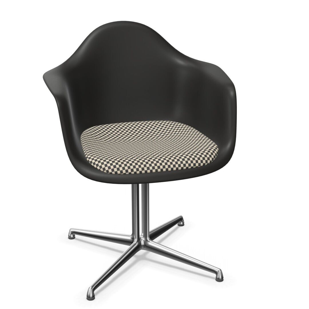 Vitra Eames Plastic Armchair RE DAL mit Sitzpolster von Vitra 12 Tiefschwarz RE , Black-White 01 - Checker, Aluminium poliert 03, Gleiter basic dark für Teppichboden 04