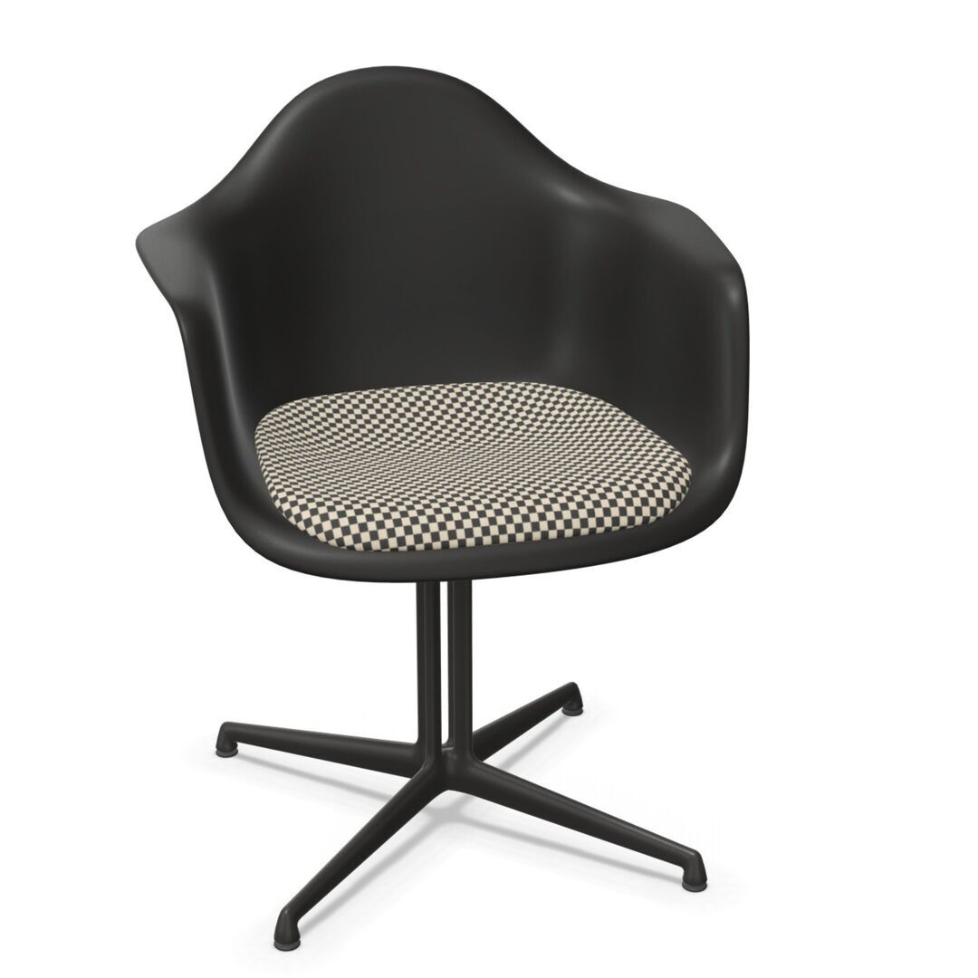 Vitra Eames Plastic Armchair RE DAL mit Sitzpolster von Vitra 12 Tiefschwarz RE , Black-White 01 - Checker, Basic Dark 30 pulverbeschichtet (glatt), Gleiter basic dark für Teppichboden 04