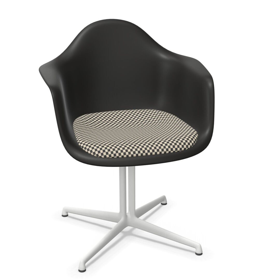 Vitra Eames Plastic Armchair RE DAL mit Sitzpolster von Vitra 12 Tiefschwarz RE , Black-White 01 - Checker, Weiss 04 pulverbeschichtet (glatt), Gleiter basic dark für Teppichboden 04