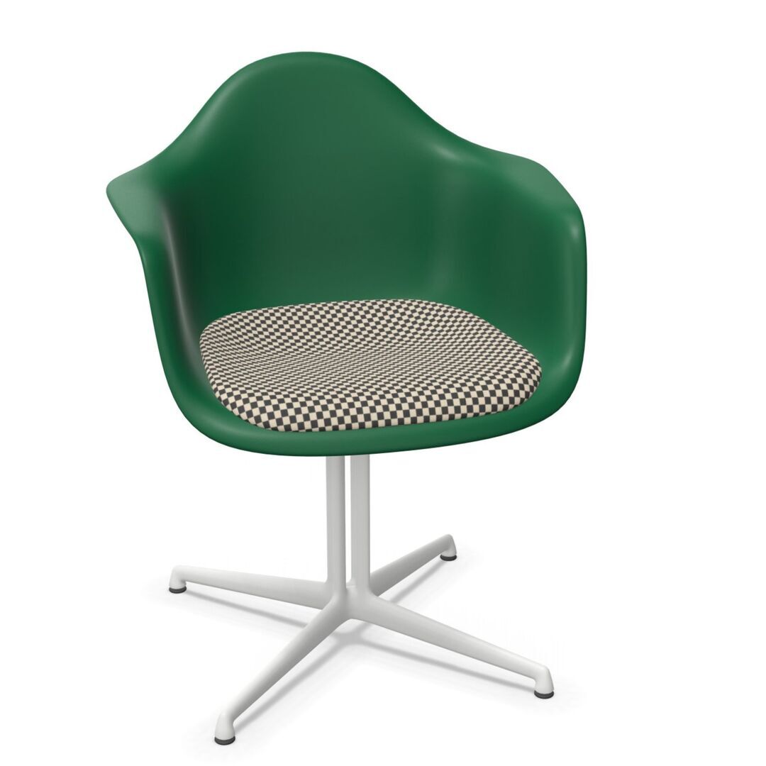 Vitra Eames Plastic Armchair RE DAL mit Sitzpolster von Vitra 17 Smaragd RE, Black-White 01 - Checker, Weiss 04 pulverbeschichtet (glatt), Gleiter basic dark für Teppichboden 04