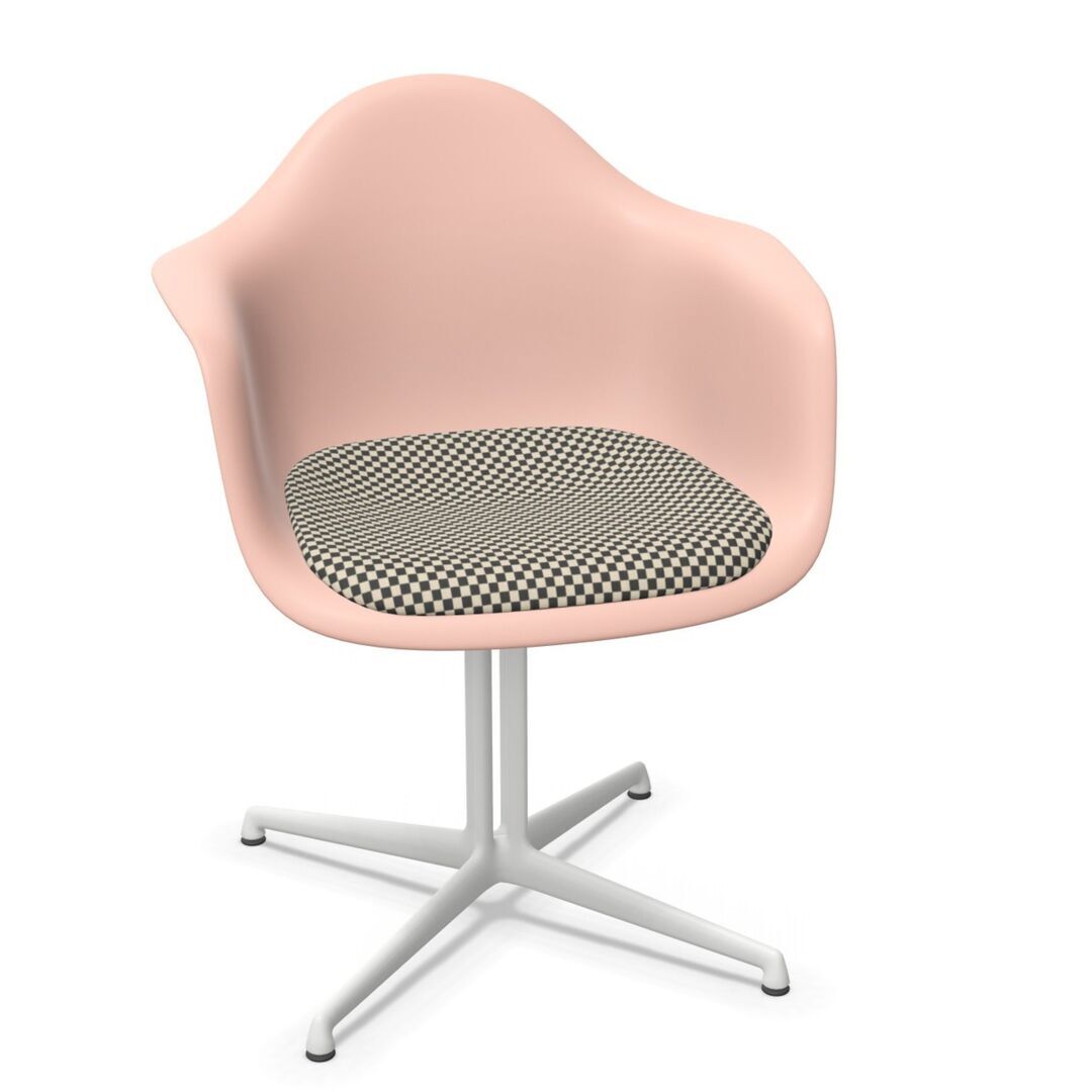 Vitra Eames Plastic Armchair RE DAL mit Sitzpolster von Vitra 41 Zartrosé RE, Black-White 01 - Checker, Weiss 04 pulverbeschichtet (glatt), Gleiter basic dark für Teppichboden 04