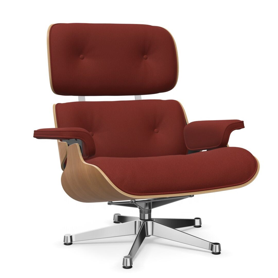 Vitra Eames Lounge Chair / neues Furnier / Stoff / Filzgleiter harte Böden Kirschbaum natur lackiert 28, Brandy 07 - Calma, Aluminium poliert 03, Neue Masse