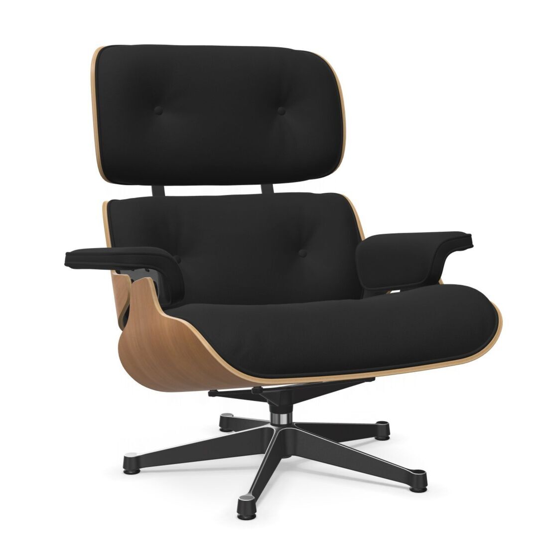 Vitra Eames Lounge Chair / neues Furnier / Stoff / Filzgleiter harte Böden Kirschbaum natur lackiert 28, Dark Anthracite 08 - Calma, Aluminium poliert 03 / Tiefschwarz 12 pulverbeschichtet (glatt), Klassische Masse