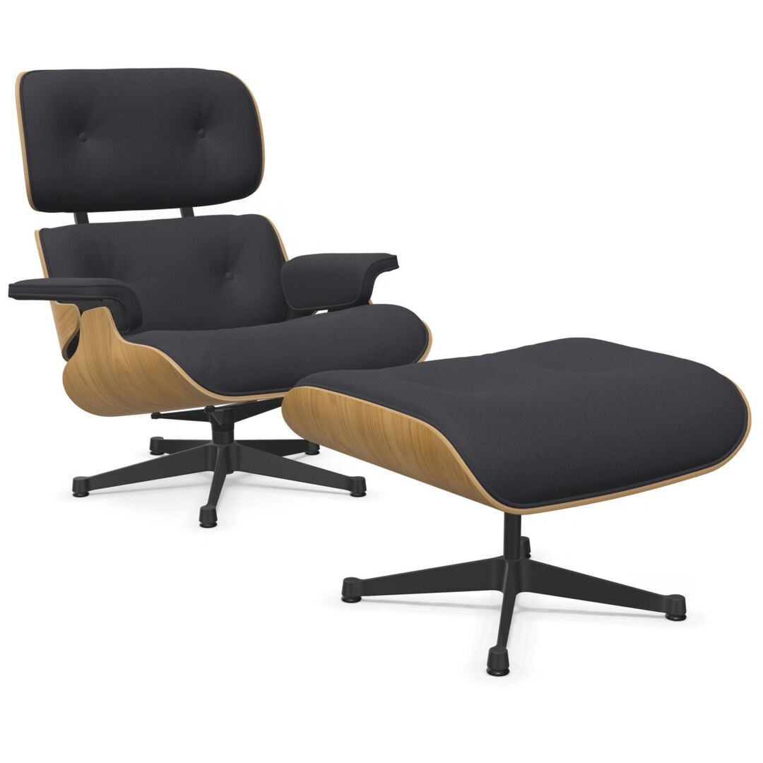 Vitra Lounge Chair & Ottoman / neues Furnier / Stoff / Filzgleiter für harte Boden Kastanie natur lackiert 26, Dark Grey 10 - Calma, Tiefschwarz 12 pulverbeschichtet (glatt), Neue Masse