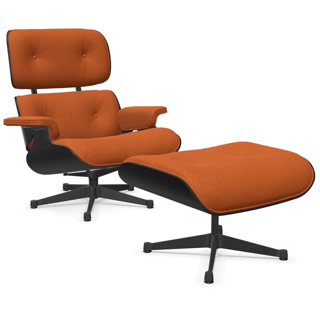 Vitra Lounge Chair & Ottoman / neues Furnier / Stoff / Filzgleiter für harte Boden Kastanie schwarz lackiert 27, Cognac 09 - Calma, Tiefschwarz 12 pulverbeschichtet (glatt), Klassische Masse