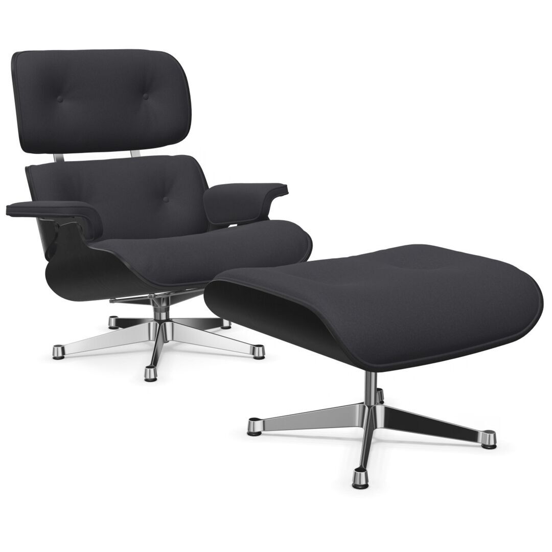 Vitra Lounge Chair & Ottoman / neues Furnier / Stoff / Filzgleiter für harte Boden Kastanie schwarz lackiert 27, Dark Grey 10 - Calma, Aluminium poliert 03, Neue Masse