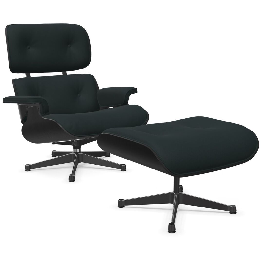 Vitra Lounge Chair & Ottoman / neues Furnier / Stoff / Filzgleiter für harte Boden Kastanie schwarz lackiert 27, Pine Green 11 - Calma, Aluminium poliert 03 / Tiefschwarz 12 pulverbeschichtet (glatt), Neue Masse