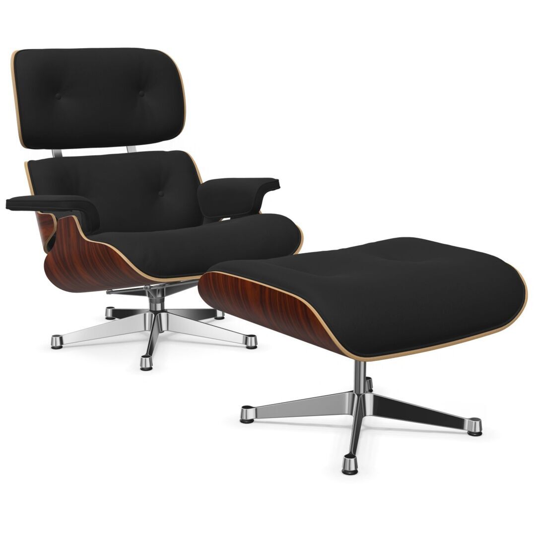Vitra Lounge Chair & Ottoman / neues Furnier / Stoff / Filzgleiter für harte Boden Santos Palisander 05, Dark Anthracite 08 - Calma, Aluminium poliert 03, Klassische Masse