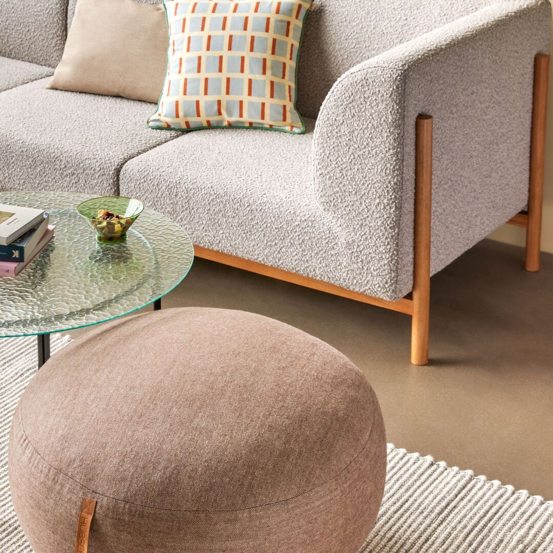 Huebsch Pouf m Lederhenkel Fischgrätmuster Wolle braun