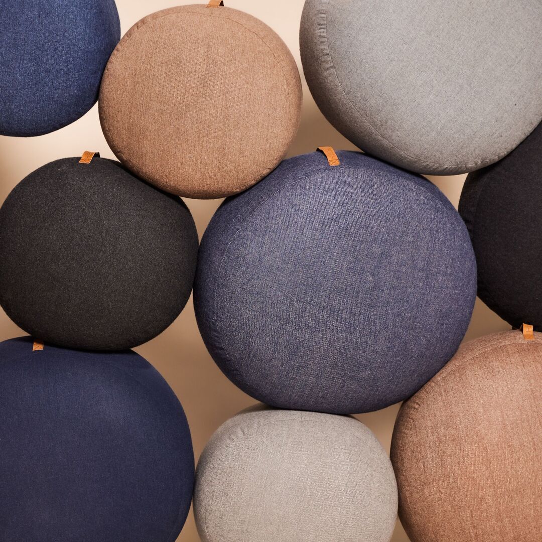 Huebsch Pouf m Lederhenkel Fischgrätmuster Wolle braun