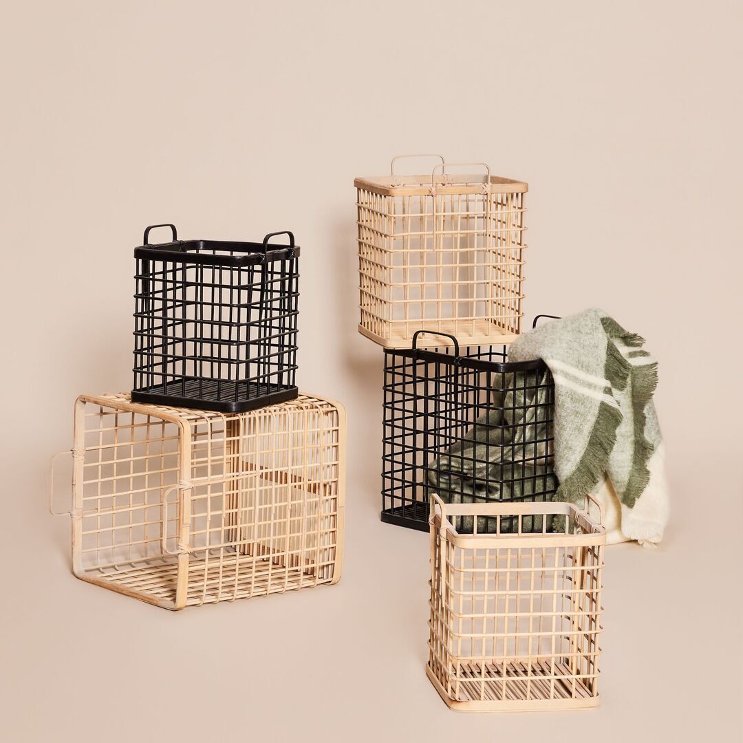 Huebsch Korb M Griffe Viereckig Bambus 3Er Set - Natur