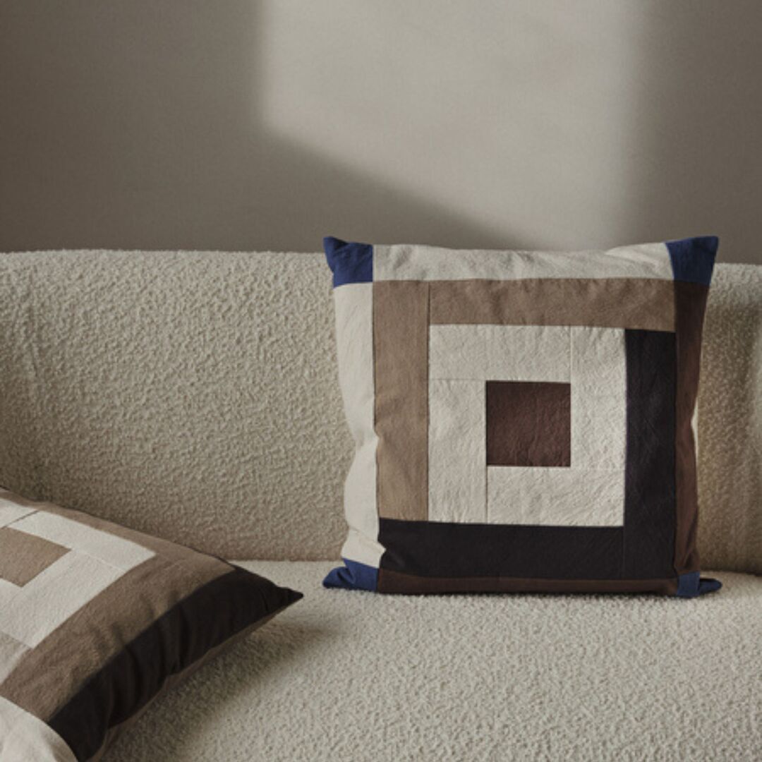 Ferm Living Border Patchwork Cushion B: 50 cm / H: 50 cm , Carob Brown / Bright Blue