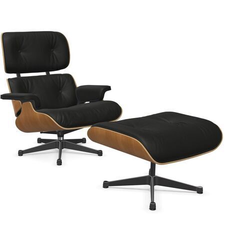 Vitra Lounge Chair & Ottoman / neues Furnier / Leder / Filzgleiter für harte Boden 6Kirschbaum Natur, Nero 66 - Leder Natural F, Aluminium poliert 03 / Tiefschwarz 12 pulverbeschichtet (glatt), Klassische Masse