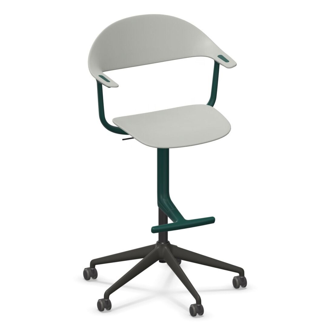 Vitra Mynt High Bürostuhl mit 5-Sterngestell von Vitra Grau 05 RE, Rolle hart gebremst für Teppichboden 02, Bottle Green 44 pulverbeschichtet (struktur)