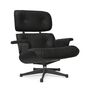 Vitra Eames Lounge Chair / neues Furnier / Leder / Filzgleiter harte Böden Kastanie schwarz lackiert 27, Nero 66 - Leder Premium F, Aluminium poliert 03 / Tiefschwarz 12 pulverbeschichtet (glatt), Neue Masse